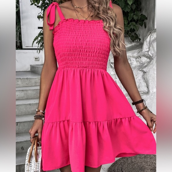 Elegant Smocked Waist Tie Shoulder Ruffle Cami Dress - Picture 4 of 6